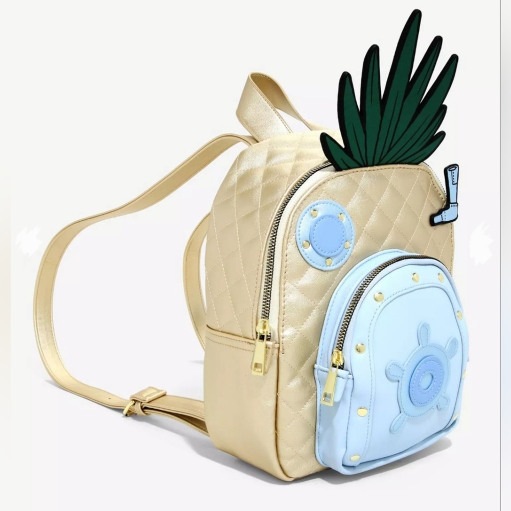 Kids Quilted Metallic Gold Backpack with Light Blue Front Pocket